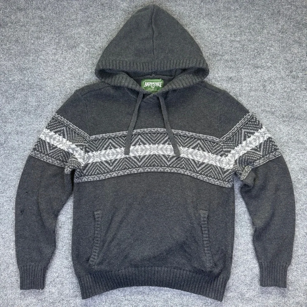 American Eagle Mens Soft Charcoal Grey Fair Isle Knit Hoodie Sweater Pullover LG